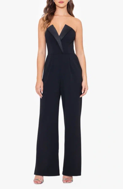 Betsy & Adam Tux Strapless Scuba Crepe Jumpsuit In Black/ Black