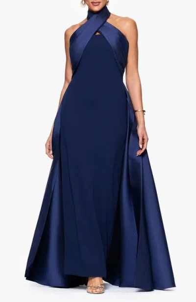 Betsy & Adam Twist Halter Neck Mikado Scuba Crepe Gown In Blue