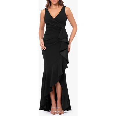 Betsy & Adam V-neck Cascade Ruffle High-low Gown In Black
