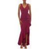 Betsy & Adam V-neck Cascade Ruffle High-low Gown In Bordeaux