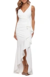 BETSY & ADAM V-NECK CASCADE RUFFLE HIGH-LOW GOWN