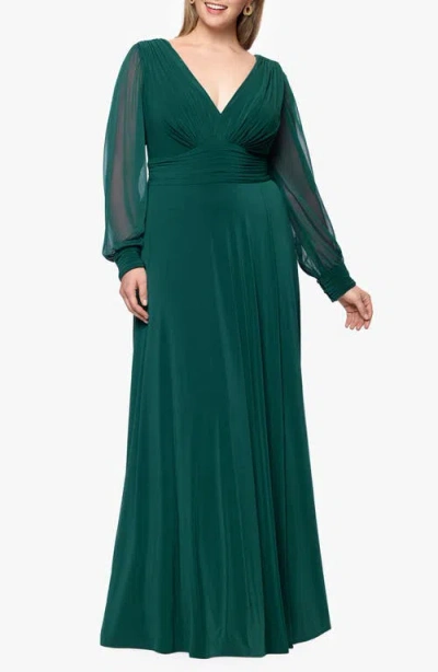 Betsy & Adam Plus Chiffon Long Sleeve V Neck Gown In Green