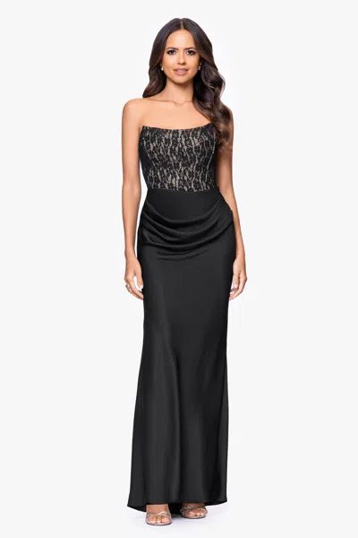 Betsy & Adam "velma" Lace Corset Bodice And Satin Skirt Strapless Floor Length Dress In Black