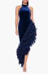 Betsy & Adam Velvet & Chiffon Ruffle High-low Gown In Blue