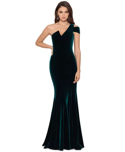 Betsy & Adam Velvet One-shoulder Gown In Hunter
