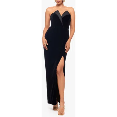 Betsy & Adam Velvet Strapless Tuxedo Gown In Black
