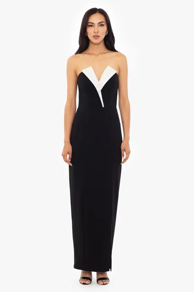 Betsy & Adam "violette" Long Strapless V Neck Tuxedo Dress In Black