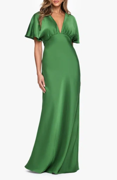 Betsy & Adam V-neck Satin Gown In Green