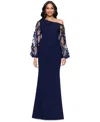 Betsy & Adam One Shoulder Sheer Embroidered Long Sleeve Sheath Gown