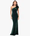 Betsy & Adam Women's Asymmetric Ruffled Sleeveless Velvet Gown In Green