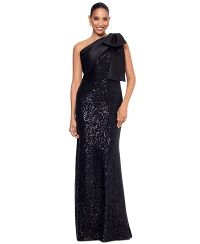 Betsy & Adam Women's Asymmetric Sequin Bow Sleeveless Gown In Black