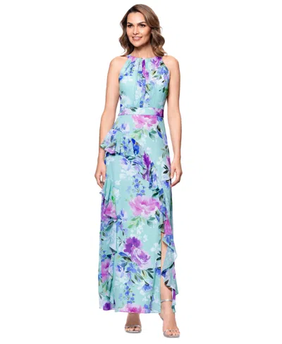 Betsy & Adam Women's Back-tie Halter Ruffled Gown In Aqua Multi