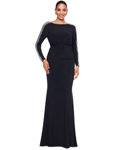 Betsy & Adam Women's Beaded-sleeve Ruched Gown In Black,silver