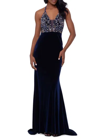 Betsy & Adam Women's Beaded Velvet Fit And Flare Gown In Navy