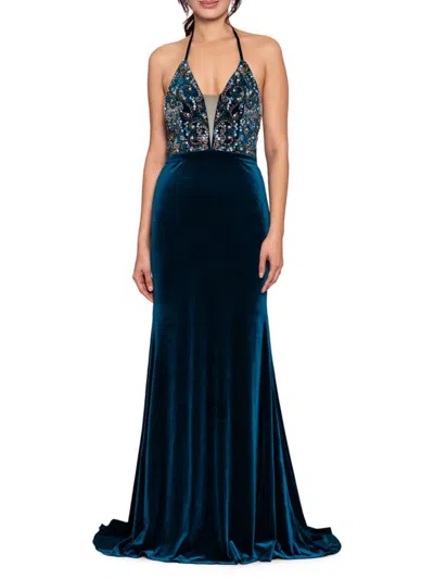 Betsy & Adam Women's Beaded Velvet Fit And Flare Gown In Teal