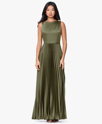 Betsy & Adam Women's Boat Neck Pleated Ball Gown In Green