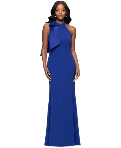 Betsy & Adam Women's Bow-embellished Halter Neck Sleeveless Gown In Indigo