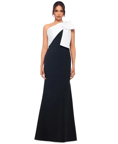 Betsy & Adam Women's Bow-trimmed One-shoulder Gown In Black,white