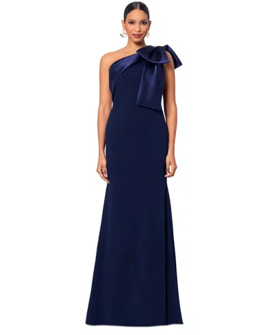 Betsy & Adam Women's Bow-trimmed One-shoulder Gown In Navy