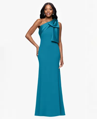 Betsy & Adam Bow One-shoulder Crepe Mermaid Gown In Brown