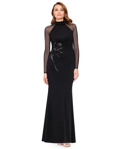 Betsy & Adam Women's Clemmie Sequin Floral-applique Mock-neck Long-sleeve Dress In Black