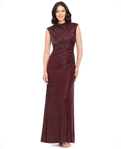 Betsy & Adam Women's Cory Metallic Ruched Mock Neck Gown In Brown