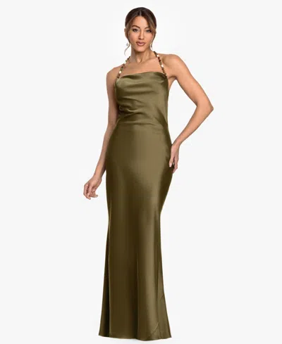 Betsy & Adam Women's Cowl Neck Beaded Straps Column Gown In Green