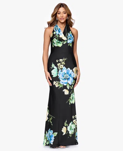 Betsy & Adam Women's Cowl Neck Floral Print Ball Gown In Black