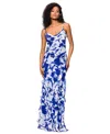 Betsy & Adam Women's Cowlneck Button-trim Ruffled Gown In Navy,royal