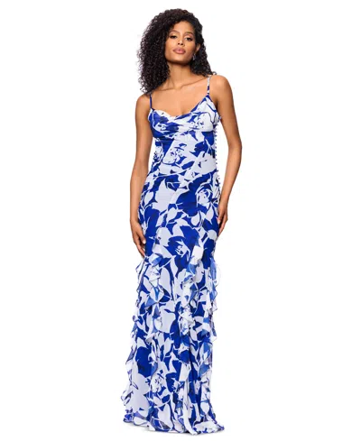 Betsy & Adam Women's Cowlneck Button-trim Ruffled Gown In Navy,royal