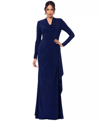 Betsy & Adam Women's Cowlneck Draped Long-sleeve Gown In Blue