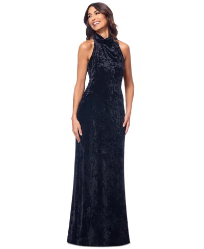 Betsy & Adam Women's Cowlneck Halter Sleeveless Velvet Gown In Black