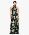 Betsy & Adam Crinkle Metallic Floral Gown In Brown