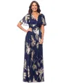 Betsy & Adam Women's Crinkled Flutter-sleeve Gown In Navy,gold