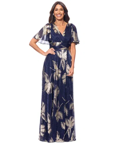 Betsy & Adam Women's Crinkled Flutter-sleeve Gown In Navy,gold