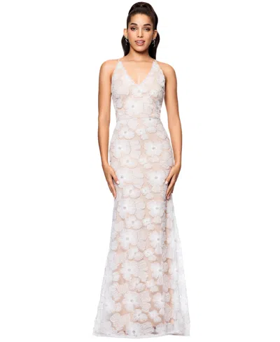 Betsy & Adam Women's Embellished Floral Soutache Sleeveless Gown In White,nude