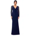 Betsy & Adam Petite Mesh-sleeve V-neck Evening Gown In Navy,silver