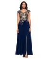 Betsy & Adam Women's Embroidered V-neck Front-slit Gown In Blue