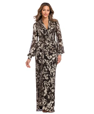 Betsy & Adam Women's Floral Long-sleeve Gown In Navy,gold