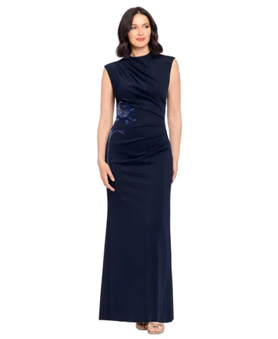 Betsy & Adam Women's Floral Mock Neck Gown In Blue