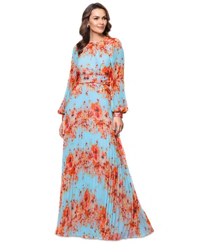 Betsy & Adam Women's Floral-print Blouson-sleeve Pleated Gown In Aqua Multi