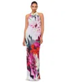 Betsy & Adam Floral Halter Gown In Fucshia,blush