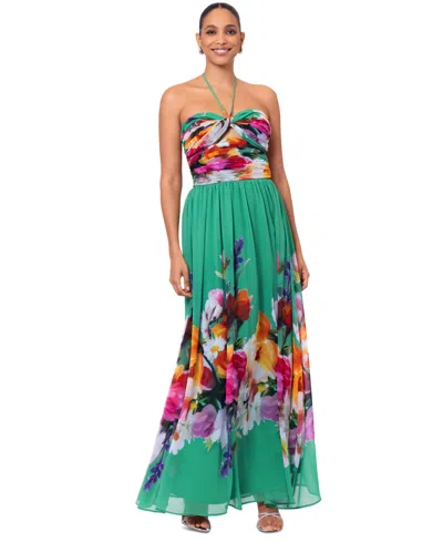 Betsy & Adam Women's Floral-print Halter Gown In Green Multi