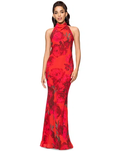 Betsy & Adam Women's Floral-print Halter Gown In Red Multi