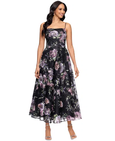 Betsy & Adam Print Embroidered Sleeveless Gown In Black