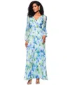 Betsy & Adam Plus Size Floral Pleated Split-sleeve Gown In Blue Multi