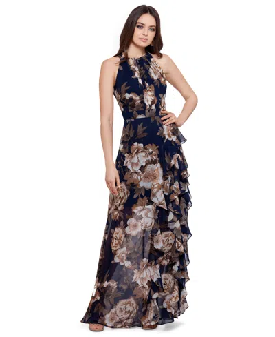 Betsy & Adam Women's Floral-print Ruffled Chiffon Gown In Navy Antique