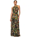 Betsy & Adam Petite Printed Ruffled Halter-neck Gown In Black,red