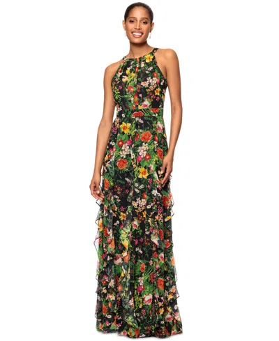 BETSY & ADAM WOMEN'S FLORAL-PRINT RUFFLED HALTER GOWN