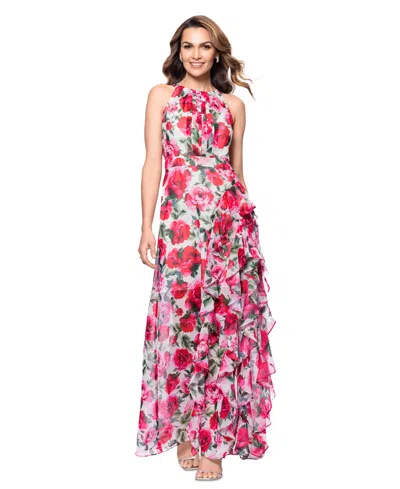 Betsy & Adam Women's Floral Print Ruffled Sleeveless Gown In Pink,multi
